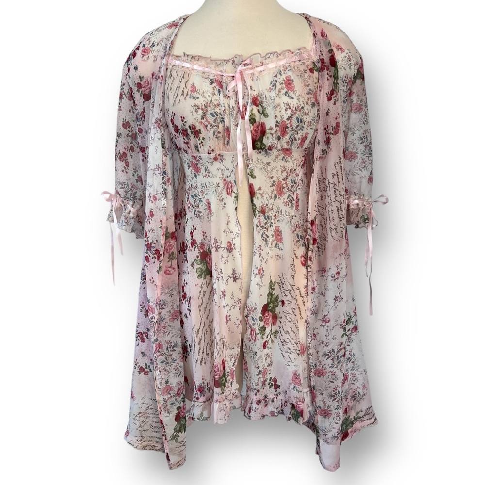 Mauve Pink Floral Lace and Ribbon Bows Sheer Negligée Set with Gown and Robe